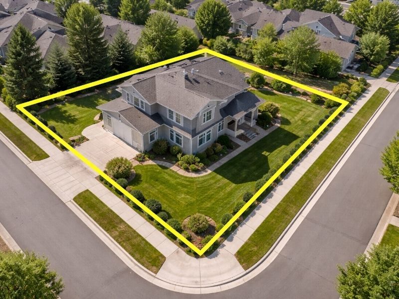 Aerial view of a residential home with highlighted property lines outlining the lot boundaries