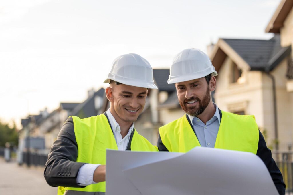 As-built survey planning discussion with construction professionals reviewing site plans for a newly developed residential project