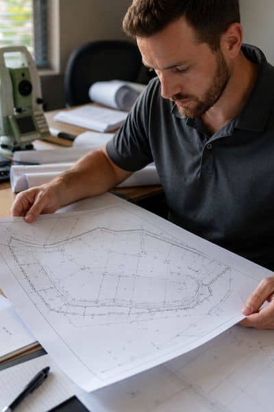 Land surveyor reviewing a boundary survey map and property layout plans at a desk