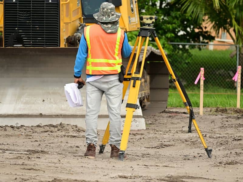 Land surveyor checking property boundaries at a construction site before development begins