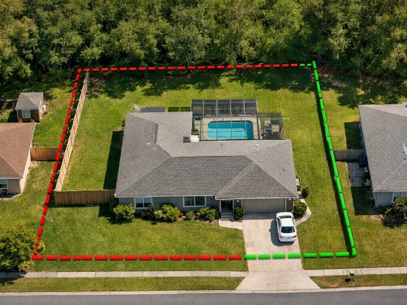 Aerial view of a suburban home with highlighted property lines showing lot boundaries