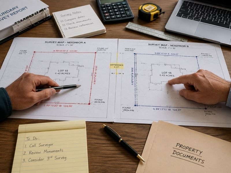 Survey mapping documents showing two property boundary maps being compared to identify conflicting property lines and survey discrepancies