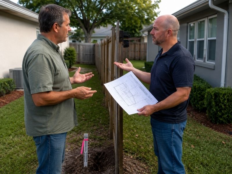 Survey mapping showing two neighboring homeowners reviewing property boundary plans during a backyard property line dispute 