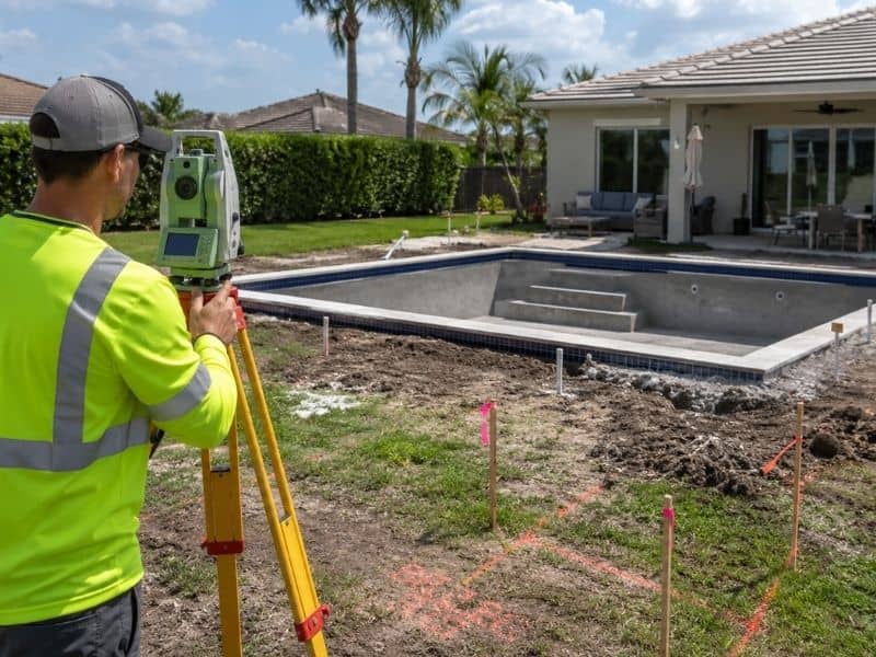 Surveyor performing a topographic survey beside a residential backyard pool construction project