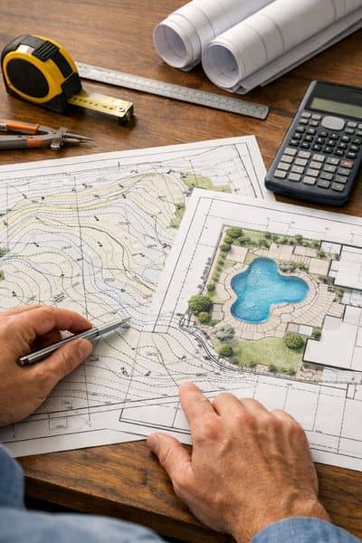 Engineer reviewing a topographic survey and pool drainage plan for residential permit approval