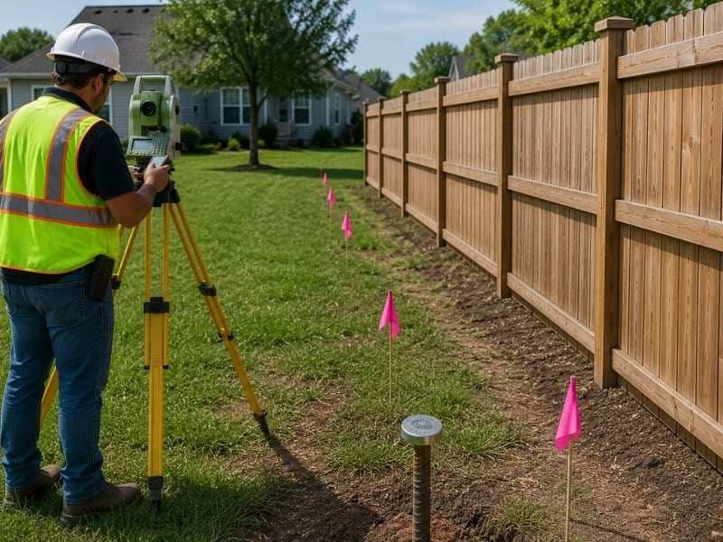 Land surveyor performing a boundary survey beside a residential fence to verify the legal property line before resolving a fence boundary issue.
