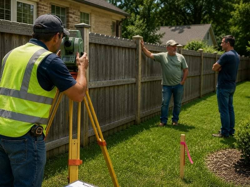 Licensed surveyor performing a boundary survey beside an existing fence while homeowners discuss the legal property line in a residential yard.
