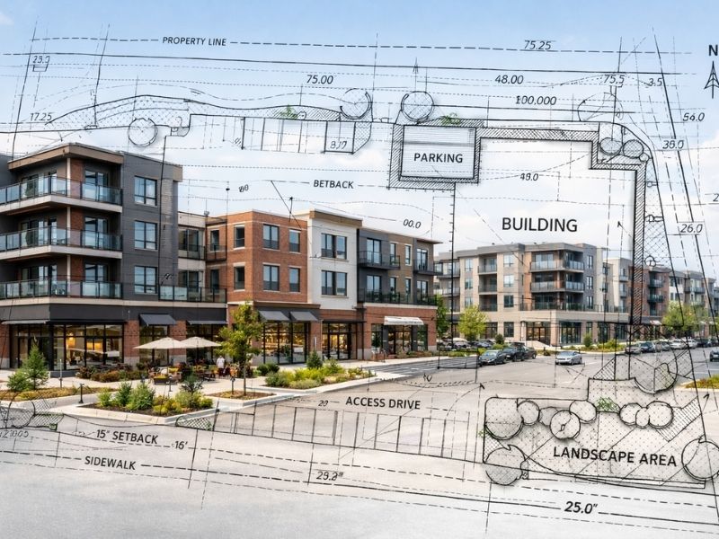 Commercial property survey map showing building locations, parking areas, setbacks, and access routes for a commercial real estate development