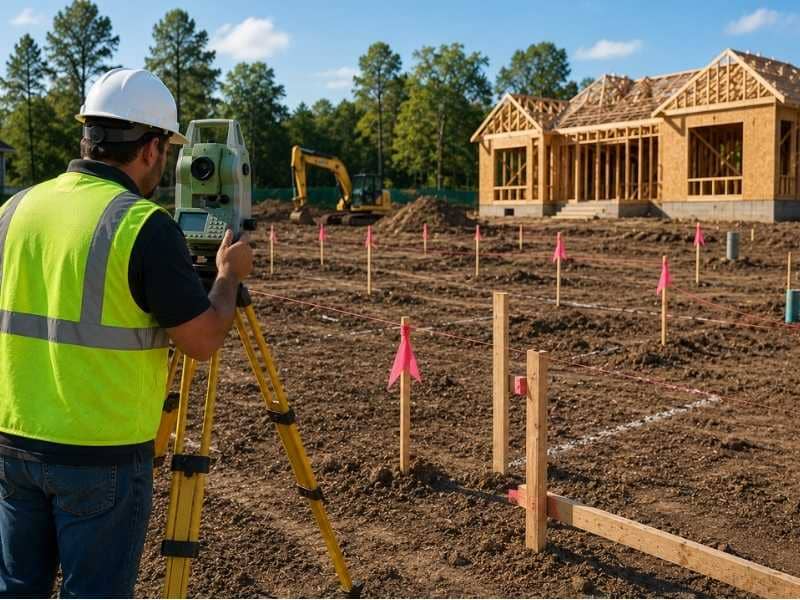 Land surveyor performing construction staking on a residential building site before lot clearing using a total station and layout stakes.
