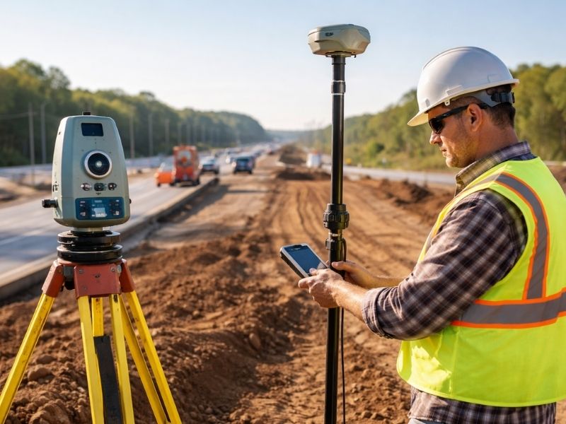 Construction surveyor using GPS survey equipment to verify site layout and elevation control during a roadway construction project