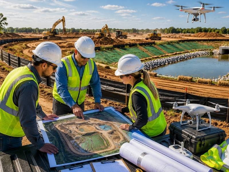 Construction team reviewing aerial drone survey maps at an active construction site with erosion control measures to support faster compliance inspections and project documentation