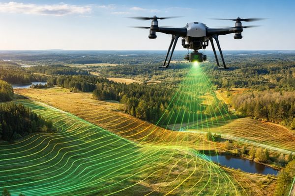Drone collecting LiDAR mapping data to create detailed elevation models and terrain analysis for a land development project