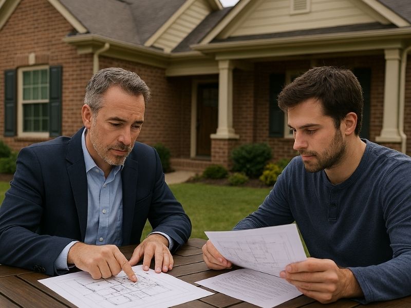 Homeowner reviewing an elevation certificate and property elevation documents with a land survey professional