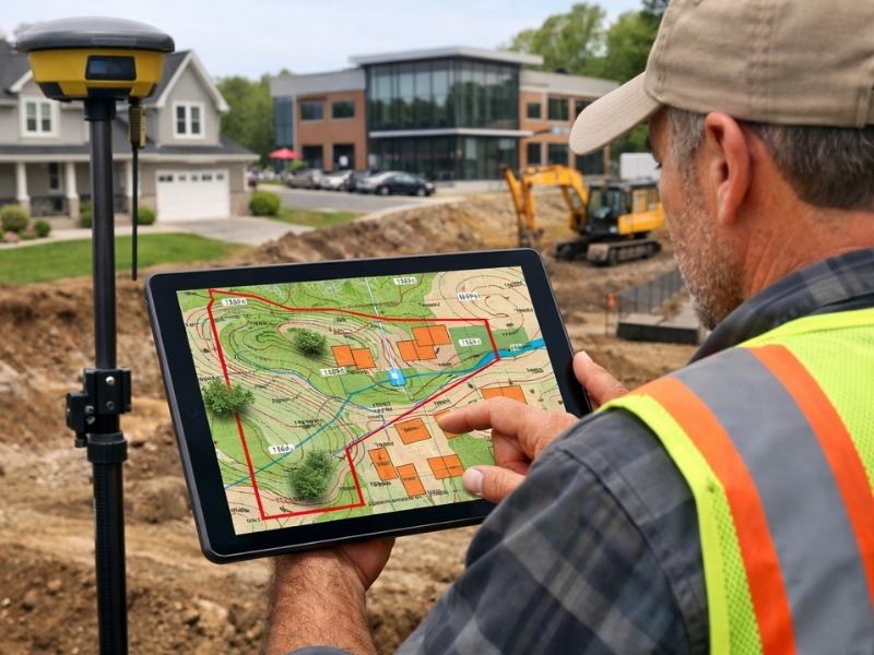 Land surveyor reviewing site elevation and property mapping data on a tablet during a residential development survey