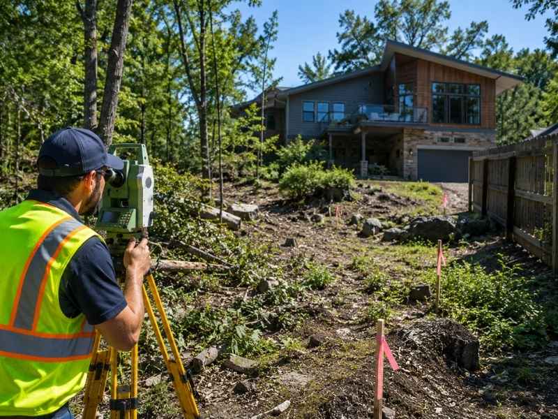 Home survey being performed on a wooded and uneven lot with obstacles that can affect home survey cost