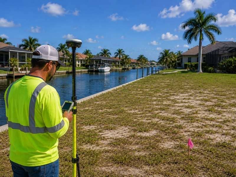 Property boundary survey of a waterfront lot showing boundary markers and measurements used to compare neighboring properties.