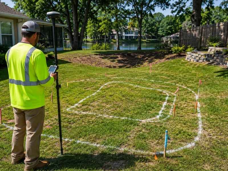 Topographic survey of a backyard showing measurements and pool layout planning before construction begins.