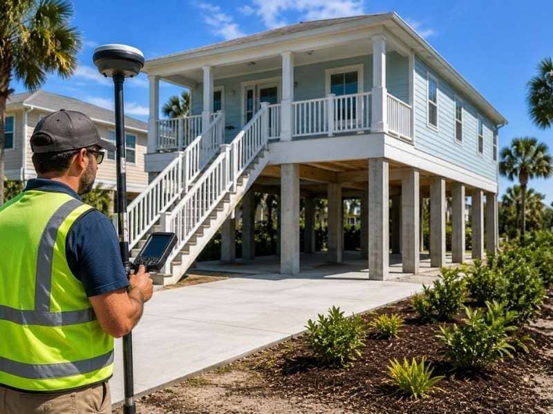 Surveyor taking final measurements on a newly elevated home for As Built Surveys Fort Myers FL before the inspection.
