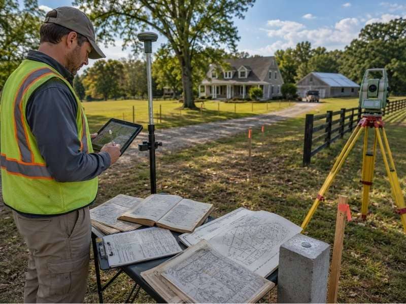  Cadastral Surveyor reviewing land records alongside a property surveyor marking boundary lines in the field to verify ownership and property boundaries.
