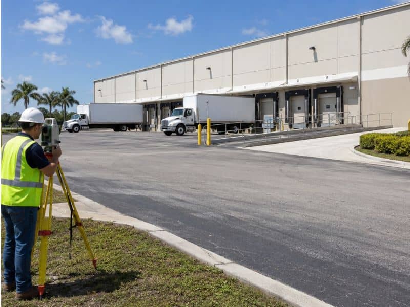 Commercial property surveyor measuring shared loading and delivery areas at a warehouse in Fort Myers, Florida.
