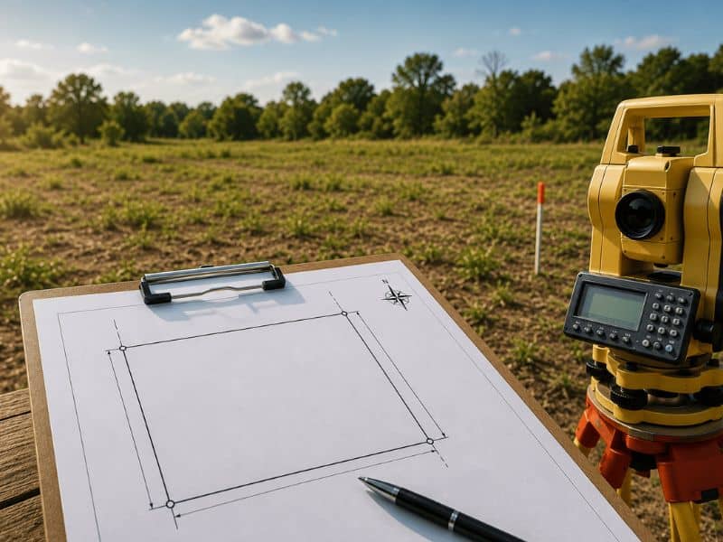 Property survey map and surveying equipment on a vacant lot before land purchase