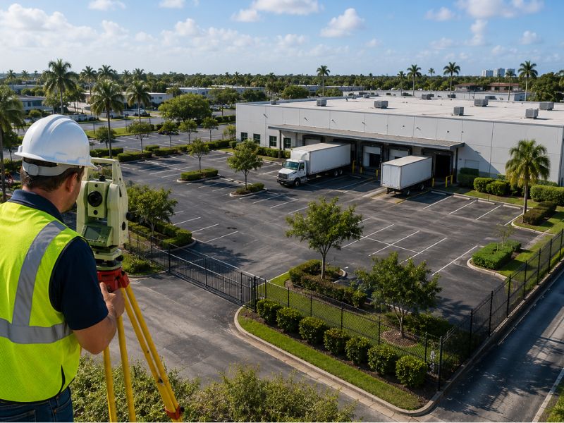 Surveyor using survey mapping equipment at a commercial property with updated site features in Fort Myers, Florida.