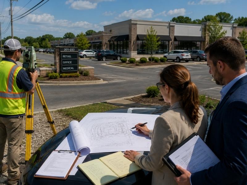 ALTA Land Survey fieldwork at a commercial property while buyers review site plans and property information before closing.

