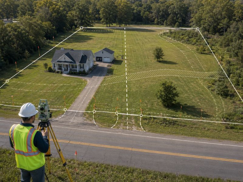Boundary survey showing one property being split into two lots with marked parcel lines driveway access and existing home layout
