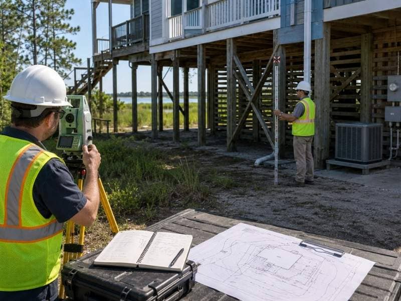 Elevation survey in progress at an elevated home to verify building and ground elevations for floodplain permit compliance.

