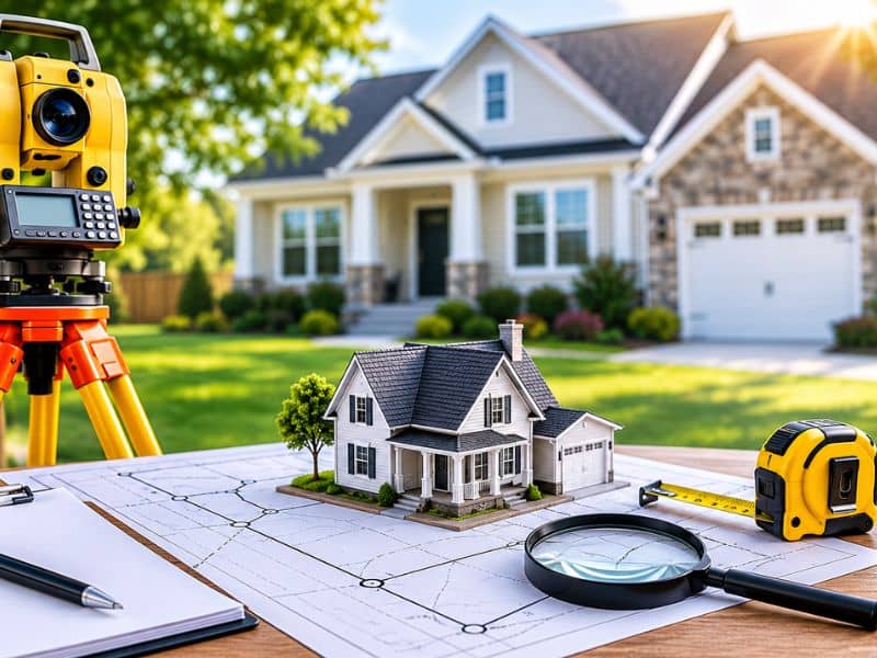 Mortgage closing survey showing a land survey map, surveying equipment, and a home model before a residential property closing.