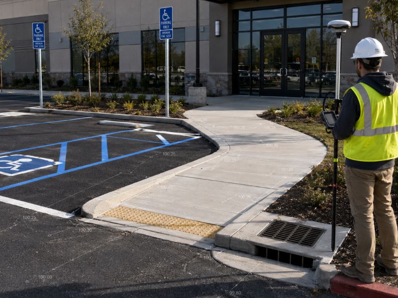 Topographic survey of an ADA compliant parking lot accessible route curb ramp and building entrance