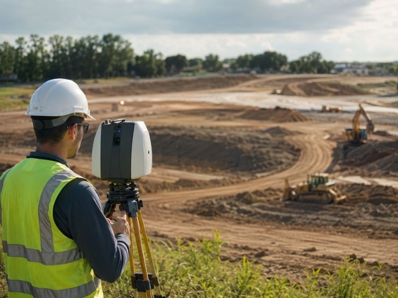 Surveyor using LiDAR mapping equipment to measure earthwork progress at a large construction site in Fort Myers, FL with heavy equipment nearby.