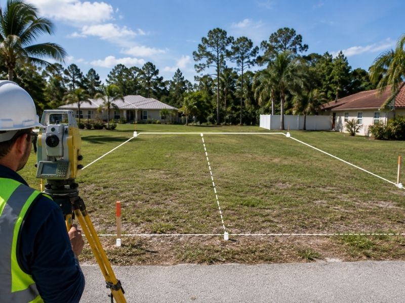 Licensed land surveyor measuring two adjacent parcels with survey equipment and boundary markers before combining the properties into one lot in Fort Myers, FL. 