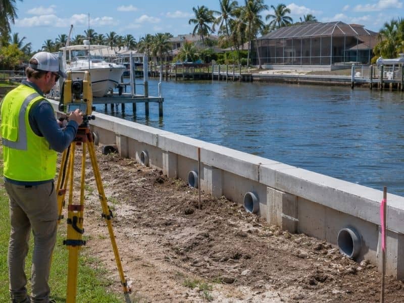 Surveyor documenting completed seawall drainage and utility improvements along a waterfront property in Fort Myers, Florida.